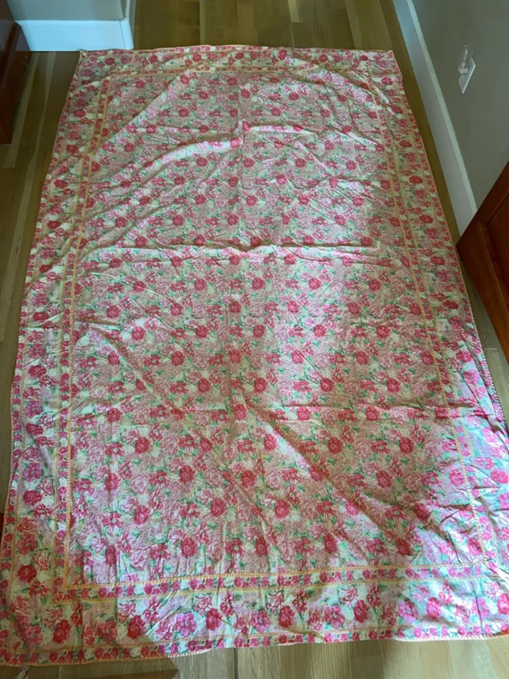 Vintage April Cornell 100% Cotton 60”x96” Tablecloth Spring Floral Pink Yellow